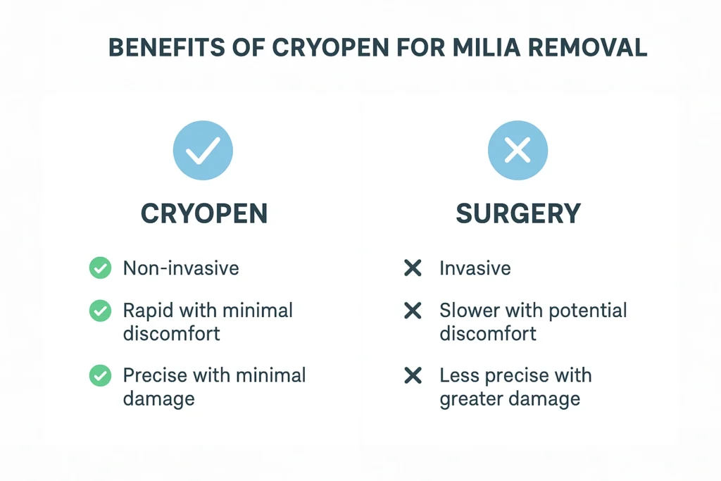 Benefits of cryopen for milia removal Surrey compared to surgical treatments.