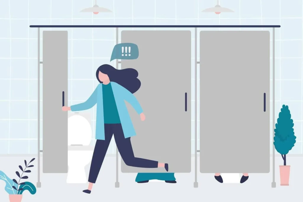 graphic of Urine incontinence Surrey woman running to the toilet.