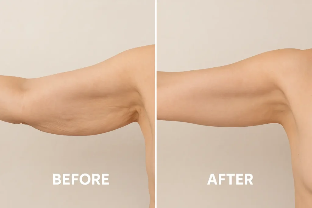 Picture of LA LIPO Surrey before and after results of skin tightening treatment on the upper arms.