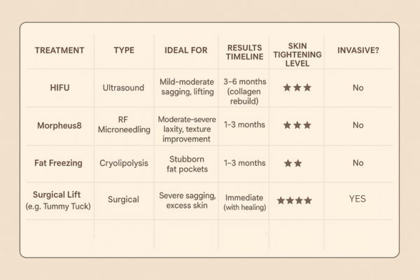 Table showing the comparisons of Skin tightening Surrey treatment options.